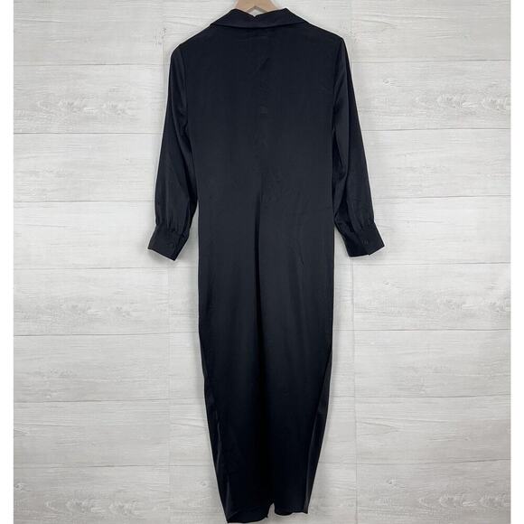 Theory Womens Black Satin Sheath Dress Size 8 Twist-Front Long-Sleeve V Neck - Picture 6 of 16